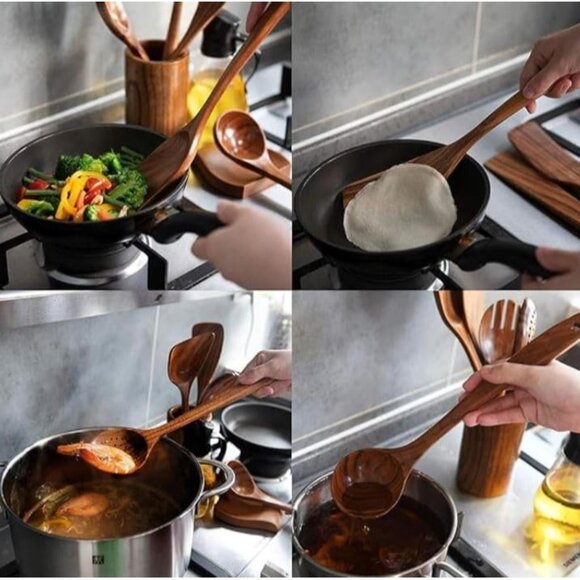 Natural Teak Wood 6Pcs Utensils Set Holder Non-stick wooden utensils durable - Picture 3 of 10